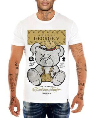 Avenue George V Paris Men's White T-Shirt rhinestone Teddy Bear fitted Tee 2XL